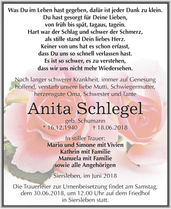 Traueranzeige von Anita Schlegel von Mitteldeutsche Zeitung