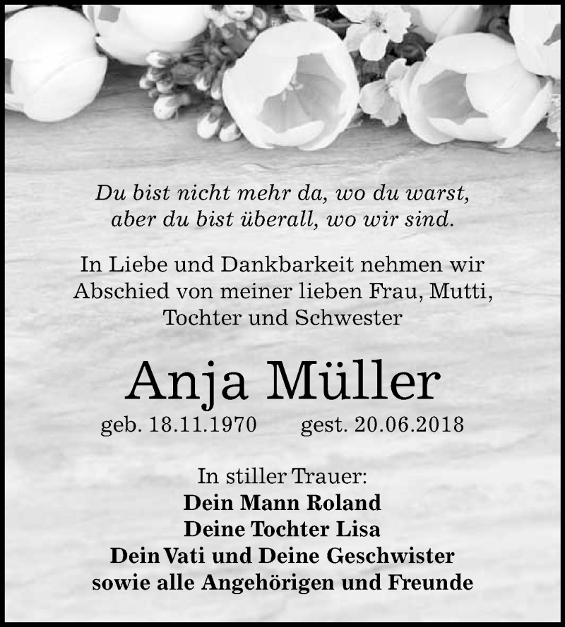 Traueranzeige für Anja Müller vom 27.06.2018 aus WVG - Wochenspiegel Merseburg
