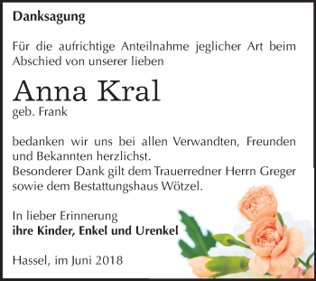 Traueranzeige von Anna Kral von Mitteldeutsche Zeitung Zeitz