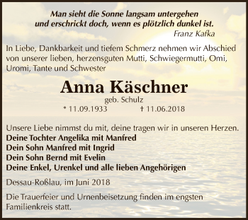 Traueranzeige von Anna Käschner von WVG - Wochenspiegel Dessau / Köthen