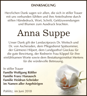 Traueranzeige von Anna Suppe von WVG - Wochenspiegel NMB / WSF / ZTZ