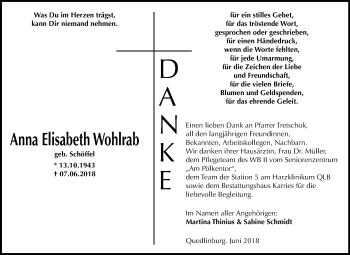 Traueranzeige von Anna Elisabeth Wohlrab von Mitteldeutsche Zeitung Quedlinburg