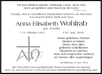Traueranzeige von Anna Elisabeth Wohlrab von Mitteldeutsche Zeitung Quedlinburg