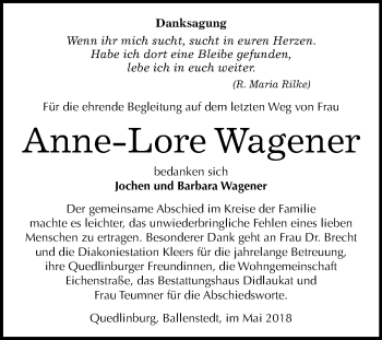 Traueranzeige von Anne-Lore Wagener von Mitteldeutsche Zeitung Quedlinburg