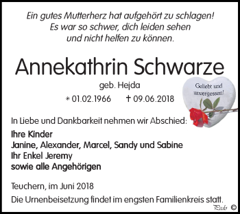 Traueranzeige von Annekathrin Schwarze von Mitteldeutsche Zeitung Weißenfels