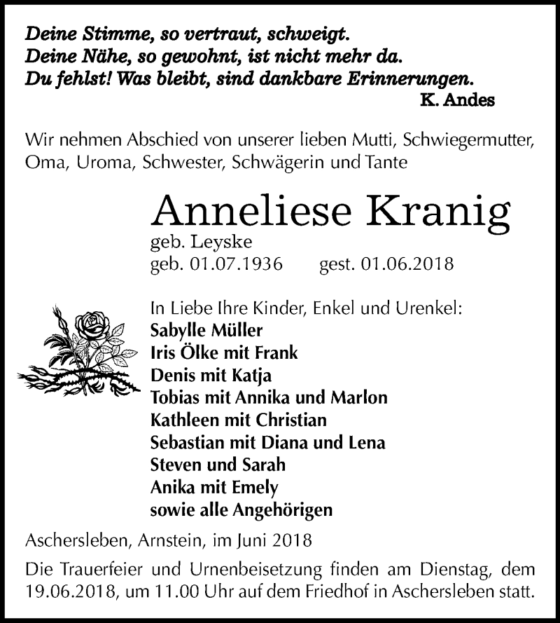  Traueranzeige für Anneliese Kranig vom 09.06.2018 aus Mitteldeutsche Zeitung Aschersleben