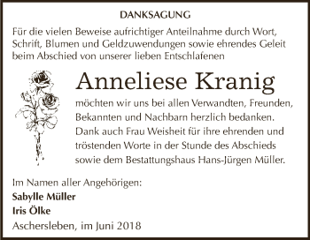 Traueranzeige von Anneliese Kranig von Super Sonntag Aschersleben