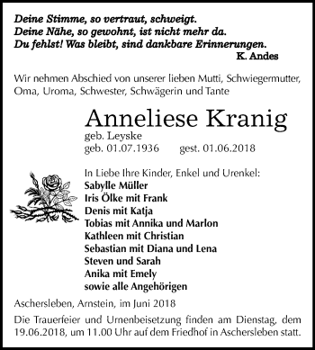 Traueranzeige von Anneliese Kranig von Mitteldeutsche Zeitung Aschersleben