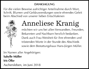 Traueranzeige von Anneliese Kranig von Mitteldeutsche Zeitung Aschersleben