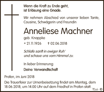 Traueranzeige von Anneliese Machner von Super Sonntag Zeitz