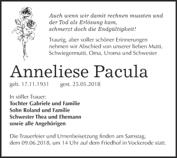 Traueranzeige von Anneliese Pacula von Super Sonntag Wittenberg