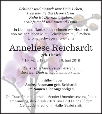 Traueranzeige von Anneliese Reichardt von Mitteldeutsche Zeitung Halle/Saalkreis