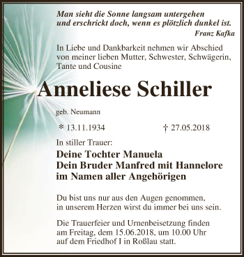 Traueranzeige von Anneliese Schiller von WVG - Wochenspiegel Dessau / Köthen