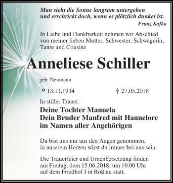 Traueranzeige von Anneliese Schiller von Mitteldeutsche Zeitung Dessau-Roßlau