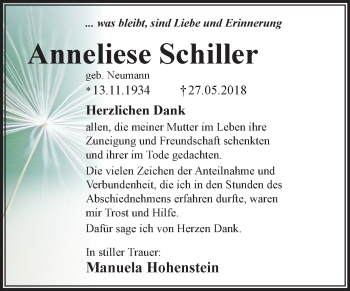 Traueranzeige von Anneliese Schiller von Mitteldeutsche Zeitung Dessau-Roßlau