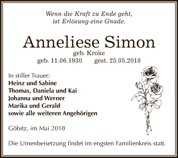 Traueranzeige von Anneliese Simon von Super Sonntag Zeitz