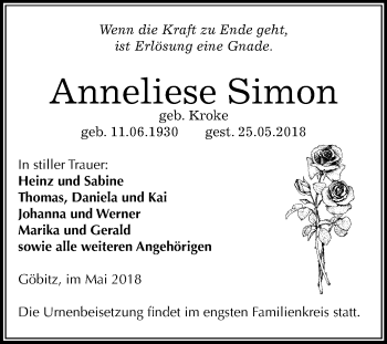 Traueranzeige von Anneliese Simon von Mitteldeutsche Zeitung Zeitz