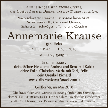 Traueranzeige von Annemarie Krause von Super Sonntag SGH Mansf. Land