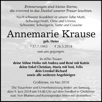 Traueranzeige von Annemarie Krause von Mitteldeutsche Zeitung