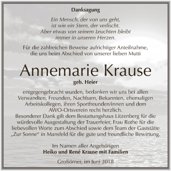 Traueranzeige von Annemarie Krause von Super Sonntag SGH Mansf. Land