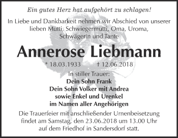 Traueranzeige von Annerose Liebmann von WVG - Wochenspiegel Bitterfeld