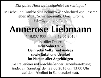 Traueranzeige von Annerose Liermann von Mitteldeutsche Zeitung Bitterfeld