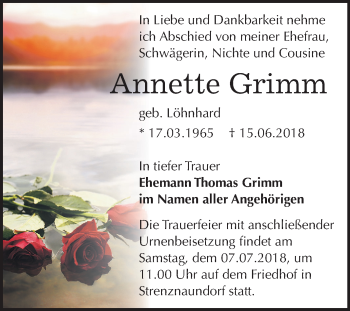 Traueranzeige von Annette Grimm von Mitteldeutsche Zeitung Bernburg