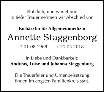 Traueranzeige von Annette Staggenborg von Mitteldeutsche Zeitung Halle/Saalkreis
