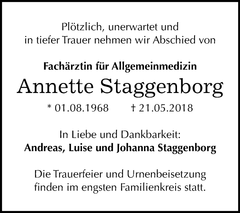  Traueranzeige für Annette Staggenborg vom 09.06.2018 aus Mitteldeutsche Zeitung Halle/Saalkreis