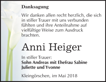 Traueranzeige von Anni Heiger von Mitteldeutsche Zeitung Weißenfels