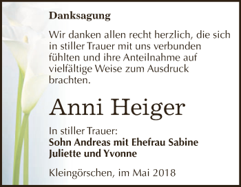 Traueranzeige von Anni Heiger von WVG - Wochenspiegel NMB / WSF / ZTZ