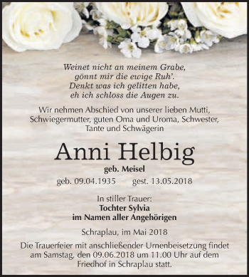 Traueranzeige von Anni Helbig von WVG - Wochenspiegel Merseburg