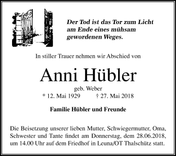 Traueranzeige von Anni Hübler von Mitteldeutsche Zeitung Merseburg/Querfurt