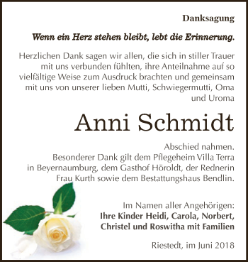 Traueranzeige von Anni Schmidt von Super Sonntag SGH Mansf. Land