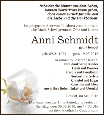 Traueranzeige von Anni Schmidt von Super Sonntag SGH Mansf. Land