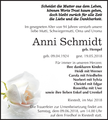 Traueranzeige von Anni Schmidt von Mitteldeutsche Zeitung