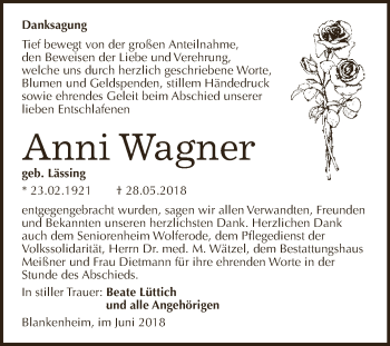 Traueranzeige von Anni Wagner von WVG - Wochenspiegel SGH