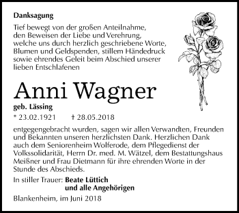 Traueranzeige von Anni Wagner von Mitteldeutsche Zeitung Sangerhausen