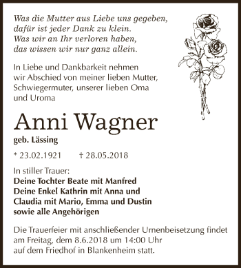 Traueranzeige von Anni Wagner von WVG - Wochenspiegel SGH
