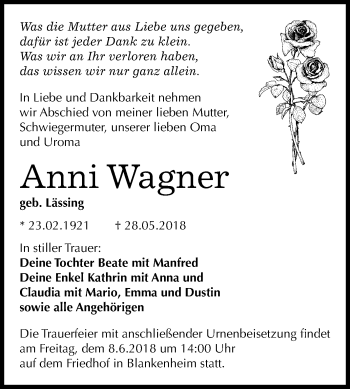 Traueranzeige von Anni Wagner von Mitteldeutsche Zeitung Sangerhausen