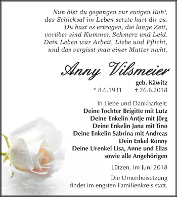 Traueranzeige von Anny Vilsmeier von Mitteldeutsche Zeitung Weißenfels