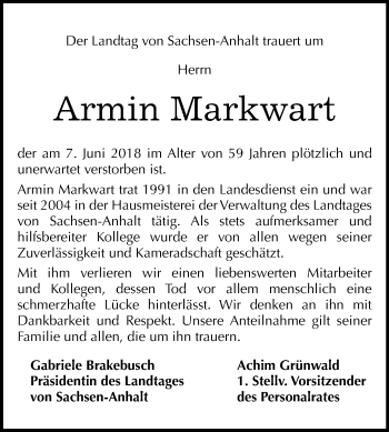 Traueranzeige von Armin Markwart von Mitteldeutsche Zeitung