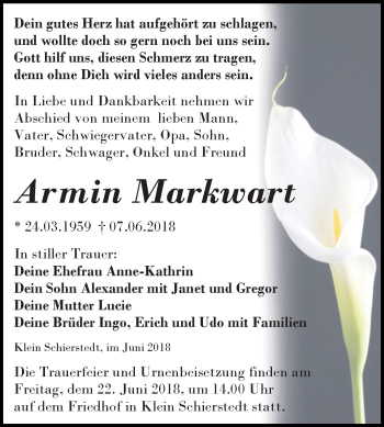Traueranzeige von Armin Markwart von Mitteldeutsche Zeitung Aschersleben