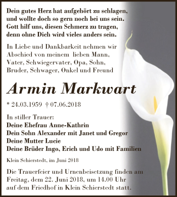 Traueranzeige von Armin Markwart von Super Sonntag Aschersleben