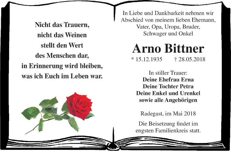  Traueranzeige für Arno Bittner vom 01.06.2018 aus Mitteldeutsche Zeitung Köthen