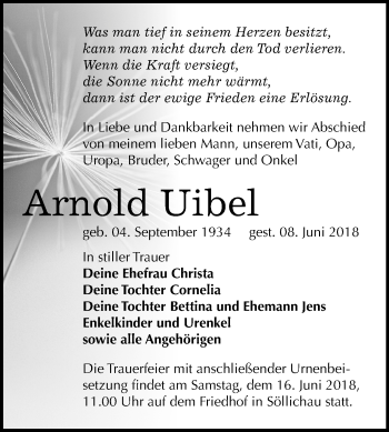Traueranzeige von Arnold Uibel von Mitteldeutsche Zeitung