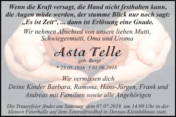 Traueranzeige von Asta Telle von Mitteldeutsche Zeitung Dessau-Roßlau