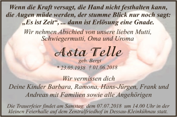 Traueranzeige von Asta Telle von WVG - Wochenspiegel Dessau / Köthen