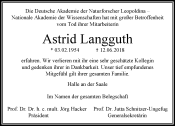 Traueranzeige von Astrid Langguth von Mitteldeutsche Zeitung Halle/Saalkreis