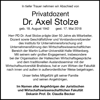 Traueranzeige von Axel Stolze von Mitteldeutsche Zeitung Halle/Saalkreis